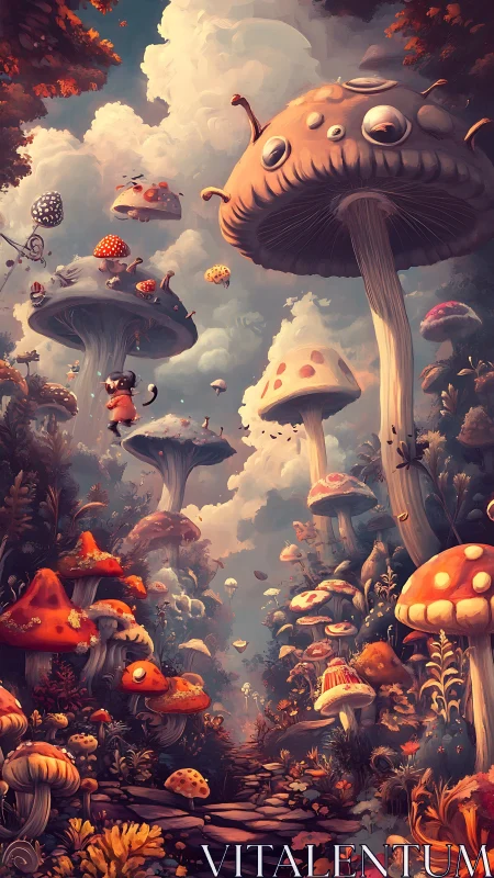 Whimsical forest of towering mushrooms and drifting clouds.