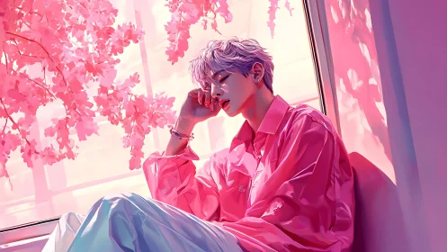 Pink-lit teen rests by window under soft sakura glow