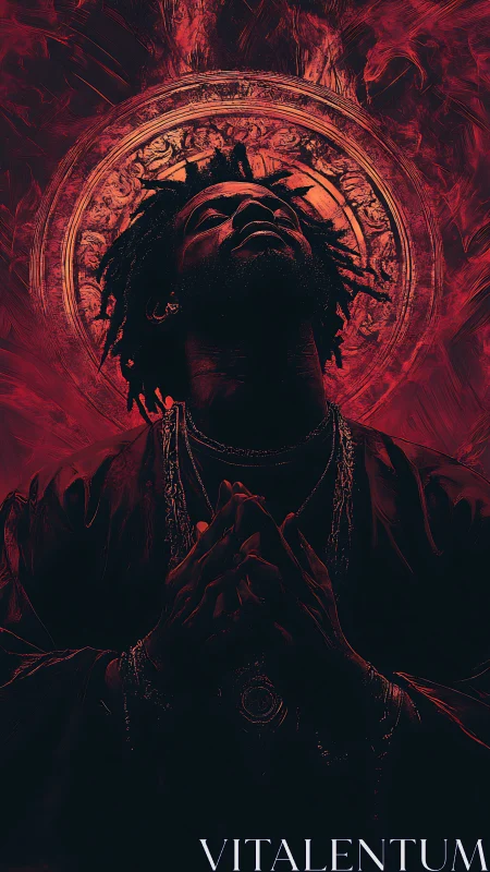 Crimson haloed portrait with ascendant silhouetted figure.