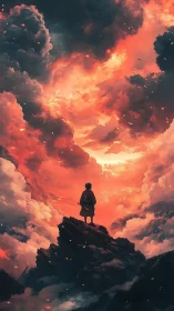 Lone cloaked warrior contemplates a burning celestial sky.