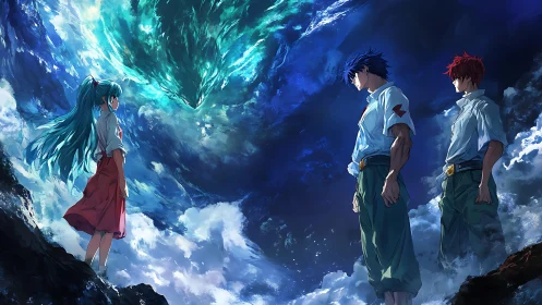 Skybound confrontation beneath a swirling cosmic rift.