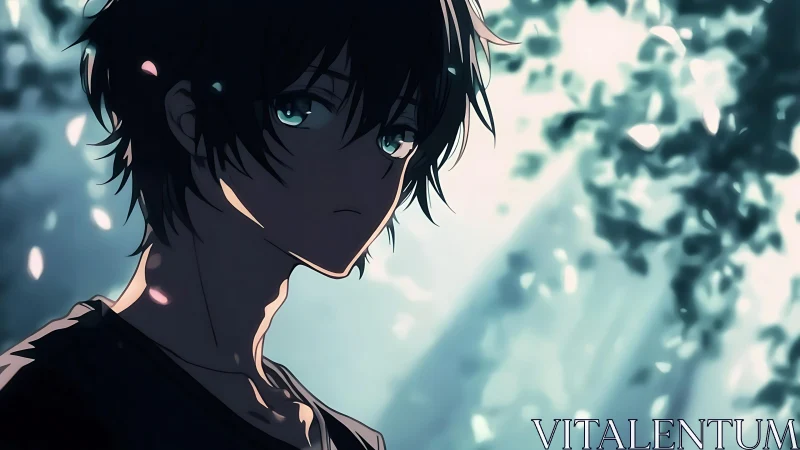 Young figure in shaded forest environment, side profile.