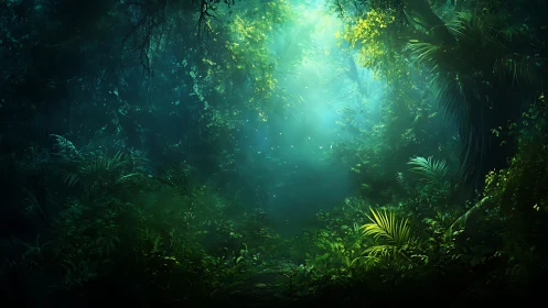Mystical Jungle Canopy Bathed in Ethereal Turquoise Glow.
