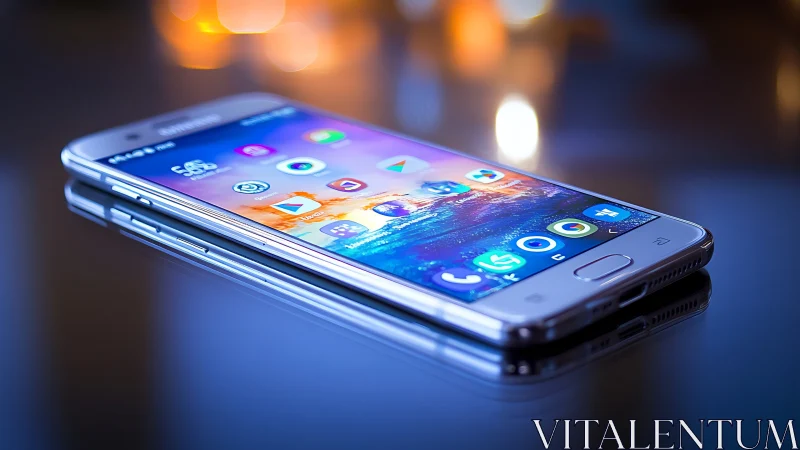 Modern smartphone glowing with apps in nighttime urban setting