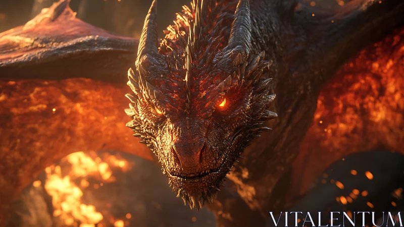 Volcanic-scale dragon render with emissive ocular detailing.