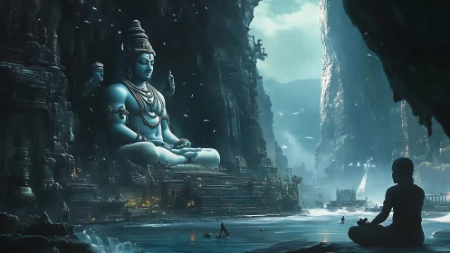Gigantic seated deity statue in cavernous waterfront temple.