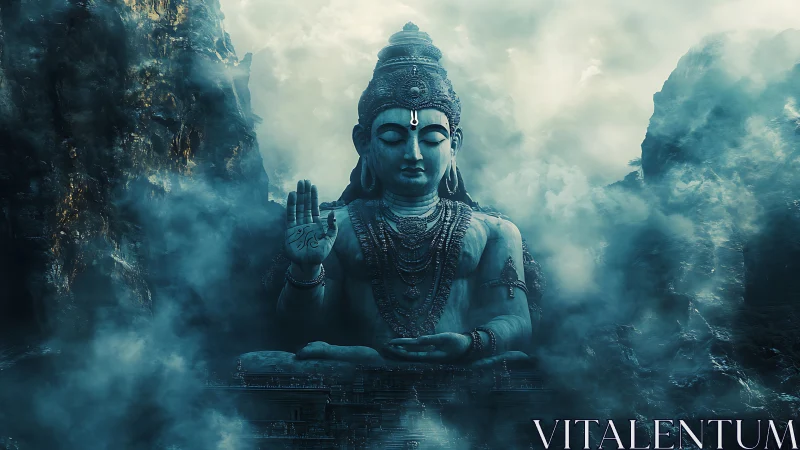Colossal seated deity statue amid dense mountain mist.