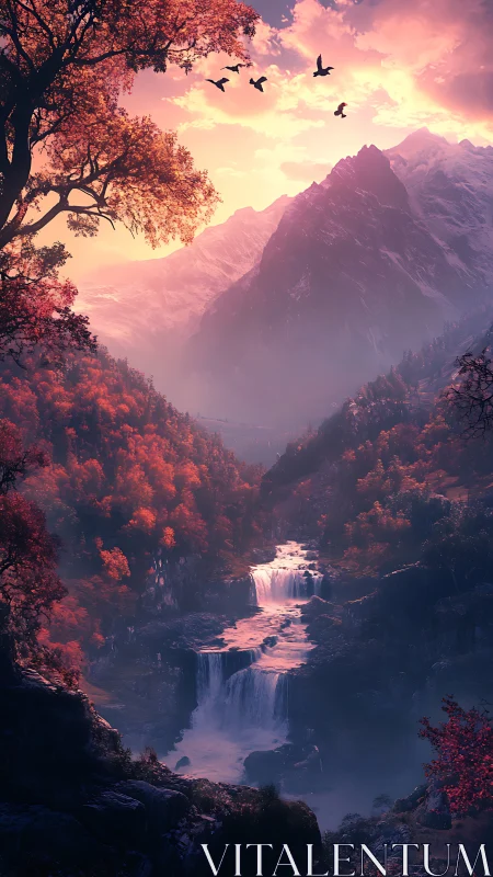 Cascading mountain waterfalls glow beneath a cinematic dusk sky