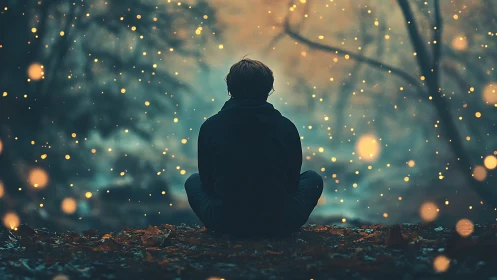 Solitary figure in glowing forest dusk with drifting lights.