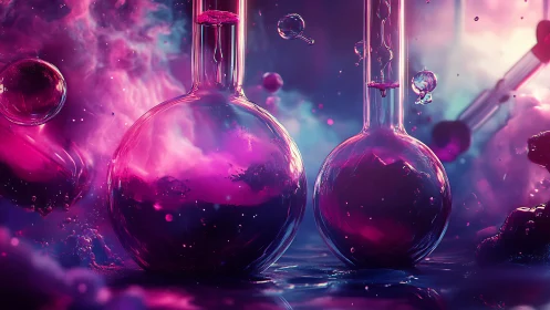 Neon laboratory flasks with magenta reactive cloud suspensions