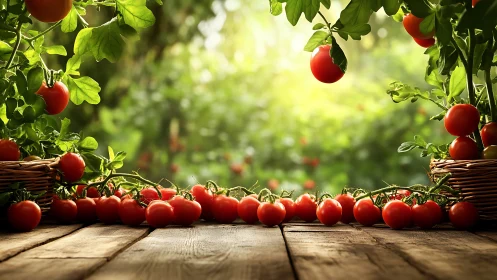 Ripe garden tomatoes line rustic wooden table under warm light