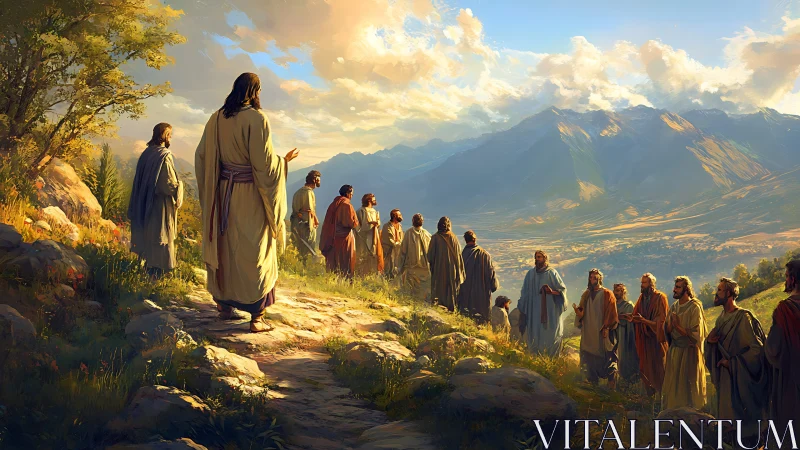 Sunlit teacher guides disciples along a radiant mountain path.