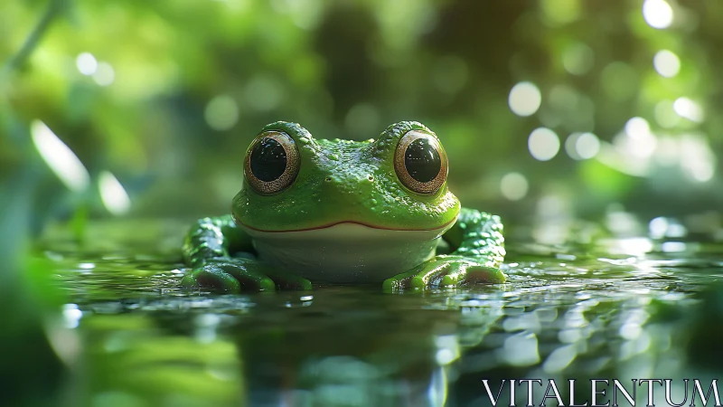 Cartoon frog model posed in shallow reflective water