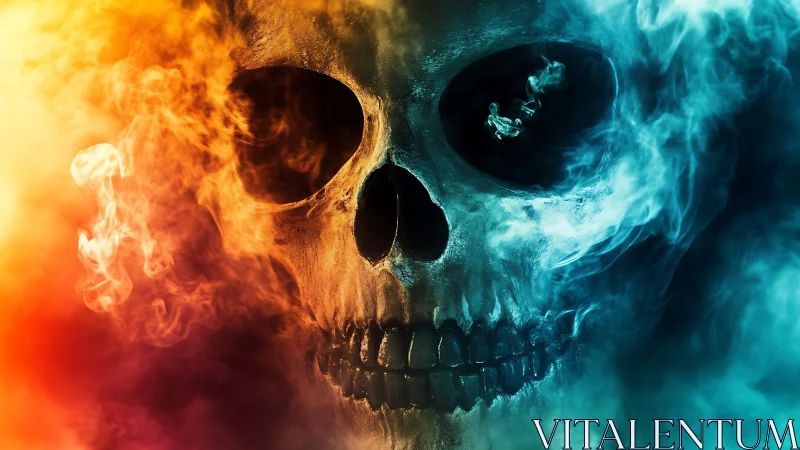 Fiery orange and blue smoke forming detailed human skull