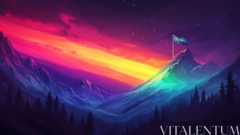 Radiant rainbow mountains glow under a proud summit flag