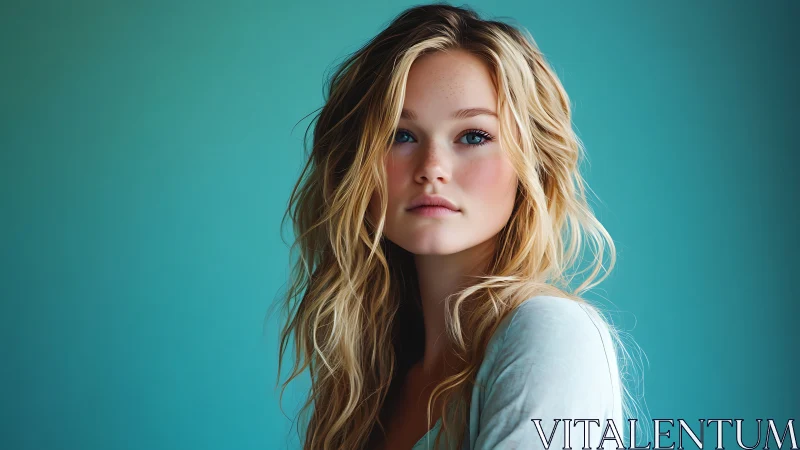 Soft key-lit portrait shows detailed skin texture and graded teal background