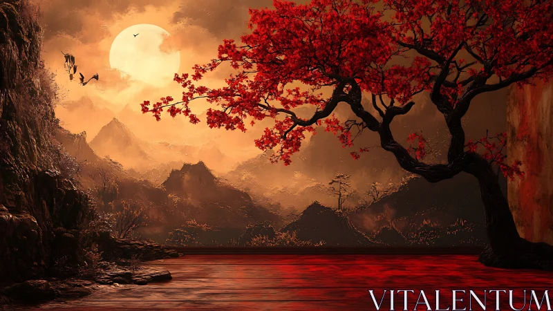 Red tree dominates a stylized mountain landscape at sunset