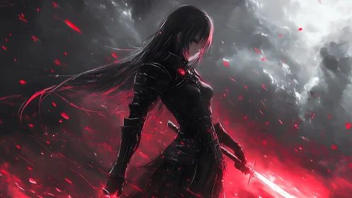 Crimson storm knight ignites a shadowed battlefield of embers.