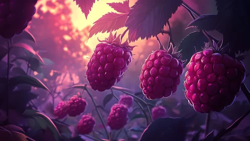 Ripe raspberries hang on leafy canes in directional backlight