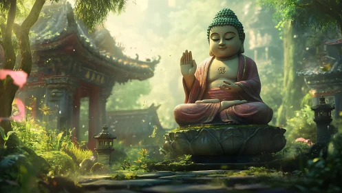 Luminous Buddha courtyard rendered in high-detail digital painting.