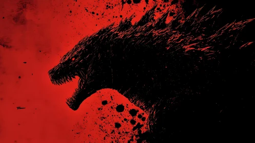 Monstrous silhouette erupts in crimson splatter and shadow.