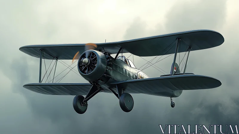 Storm-gray biplane hums through brooding cloud canyons.