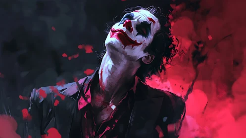 Clown-painted figure tilts head amid red digital abstraction