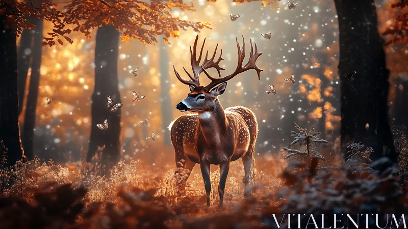 Digital painting of stag in luminous autumn forest tableau.