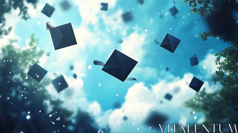Graduation caps float upward against a bright daytime sky