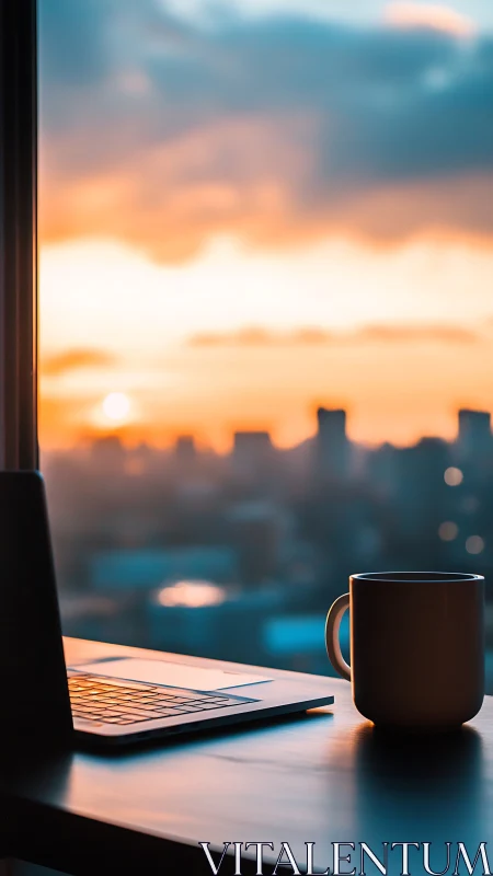 Sunlit laptop and coffee mug frame a defocused urban sunset
