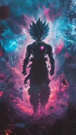 Powerful energy warrior silhouette in vivid cosmic aura.