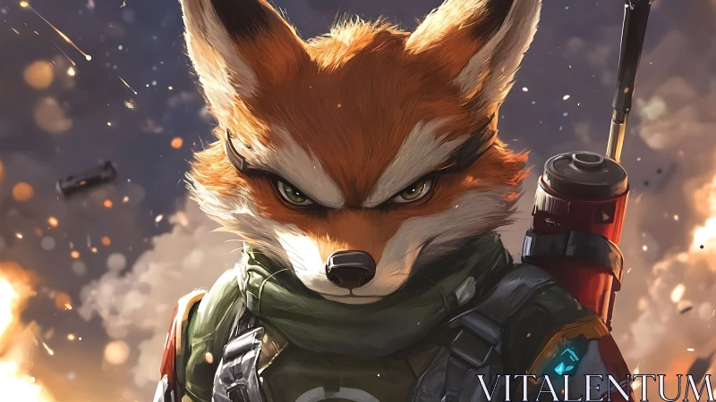 Battle-scorched fox pilot stares down the burning horizon.