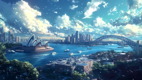 Sydney harbour skyline under luminous summer clouds.