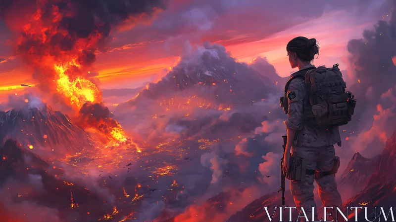Soldier Confronts Erupting Volcano in Apocalyptic Scene.