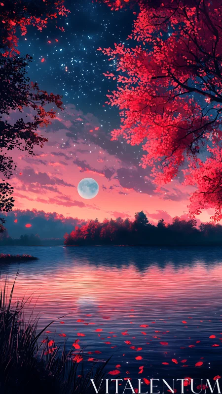 Moonrise over crimson lake dreaming in starlit twilight.
