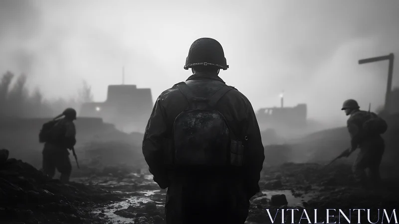 Soldiers advance through foggy battlefield terrain at dawn.