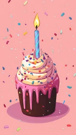 Multicolored Birthday Cake with Lit Candle Against Pink Background.