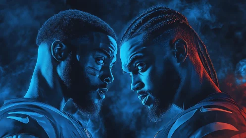 Gridiron rivals lock intense neon-lit faceoff profile