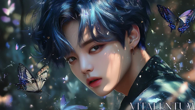 Moonlit butterfly whisperer with sapphire-tinted hair gaze.