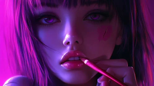 Neon-lit girl holds makeup brush near glossy lips