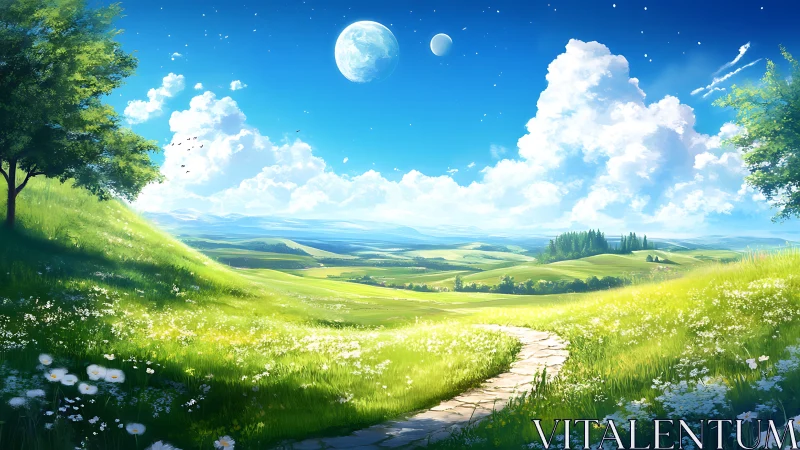 Sunlit grassy valley with stone path under twin moons