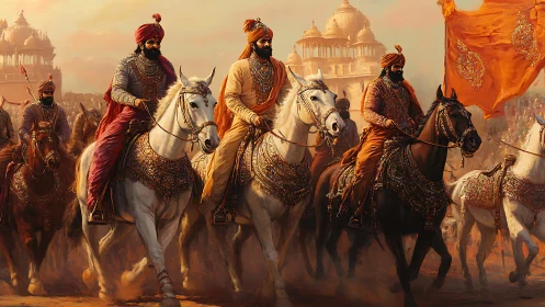 Regal cavalry procession advances before sunlit sandstone palaces