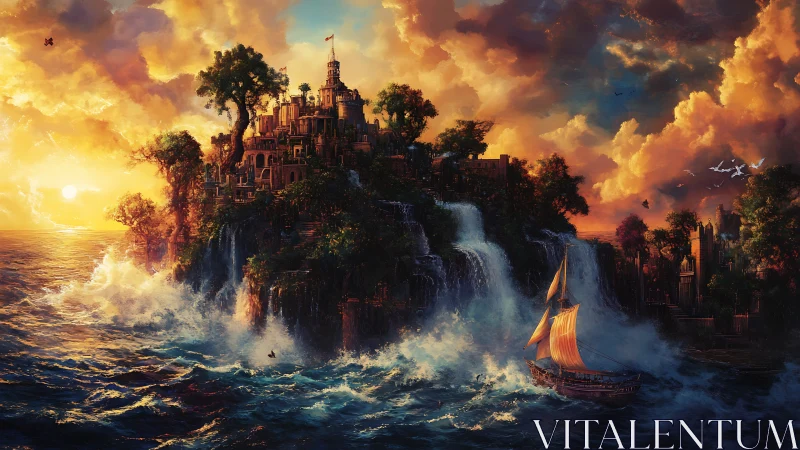 Fantasy Castle City on Cliff with Sailing Ship.