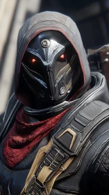 Hooded cyber assassin portrait with glowing red visor.