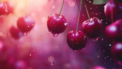 Glistening ripe cherries hang in radiant pink summer light