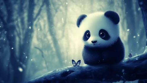 Cute baby panda on forest branch with glowing butterflies.
