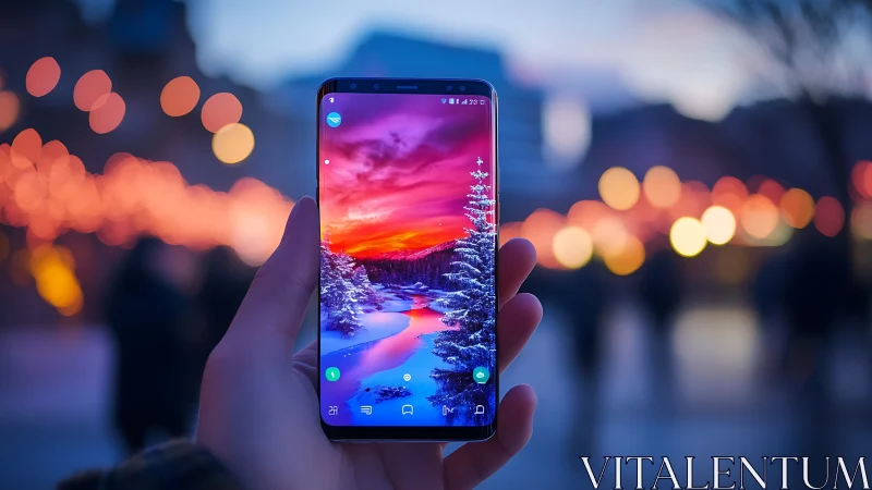 Hand-Held Smartphone Displaying Vibrant Winter Landscape