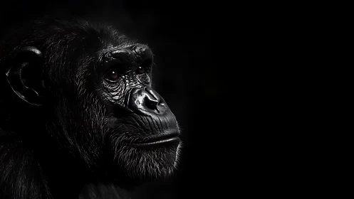 Chimpanzee profile glows against deep black negative space.