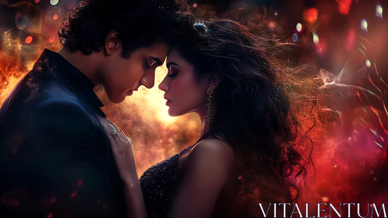 Intimate Couple Portrait with Volumetric Fire Effects and Bokeh Lighting