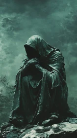 Hooded stone wraith broods on a crag beneath storm clouds